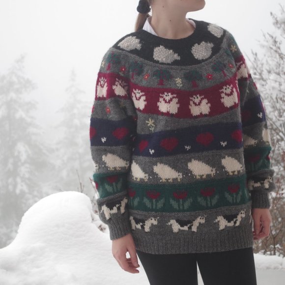 Great Vintage Sheep Sweater 100% Wool Shetland Made In Hong Kong - Picture 1 of 8